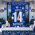 14th Birthday Decorations for Boys Girls, Blue Silver Happy 14th Birthday Party Decorations Supplies - Happy 14 Birthday Backdrop Banner Tablecloth Triangle Flag Balloons for 14 Year Old Bday Party
