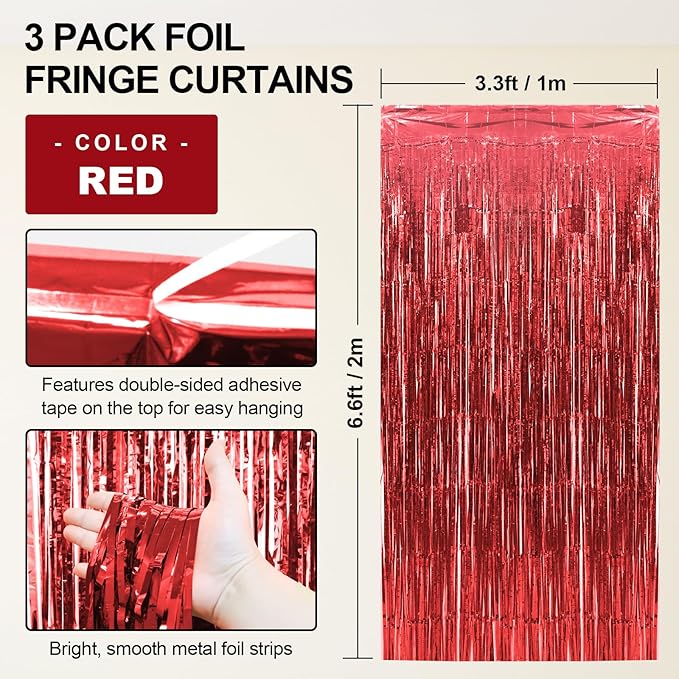Homiest 3 Pack Red Tinsel Backdrop, 3.3x6.6 FT Metallic Tinsel Foil Fringe Curtains Party Decorations, Birthday Door Streamers for Baby Shower Wedding, Photo Booth Props Background Wall Decor