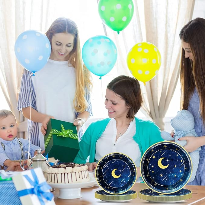 chiazllta 96 Pcs Starry Night Plates and Napkins Party Supplies Sweet theme Tableware Set Galaxy Party Decorations Favors for Outer Space Birthday Baby Shower Serves 24 Guests