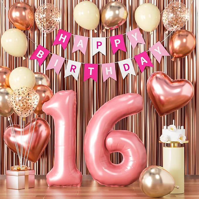 16th Birthday Decorations for Girls, Rose Gold and Hot Pink Sweet 16 Party Supplies with Happy Birthday Banner, Number 16 Balloon and Foil Fringe Curtains