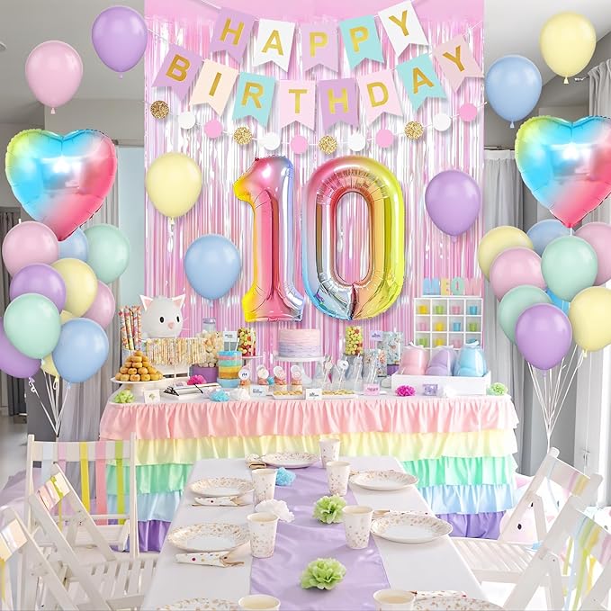 10th Birthday Decorations Rainbow,Gradient Number 10 Balloon,Pastel Happy Birthday Banner Fringe Curtain Heart Foil Balloons Boys Girls 10 Year Old Decor