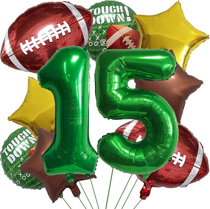 Football Balloons Foil Football Birthday Decorations Balloons Green Number 15 Balloon Gold Brown Star Touchdown Ballons for Rugby Birthday Decorations Sports Ballons Arch Kits Party Balloon Sets 10pcs