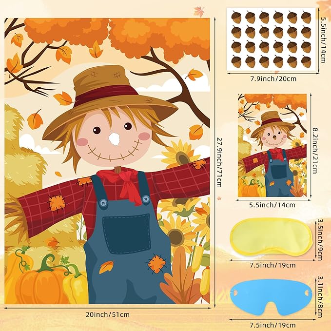 Hooqict Thanksgiving Games for Kids Party Pin The Nose on The Scarecrow Thanksgiving Activities Fall Festival Games Autumn Harvest Party Decorations, Large Pin The Tail Poster with 48 Stickers