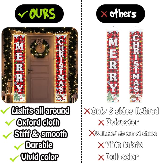 Christmas Decorations Outdoor Merry Christmas Banner with String Lights Xmas Porch Door Welcome Sign Hanging Christmas Decor Indoor for Home Holiday Outdoor Wall Front Door Yard Garage