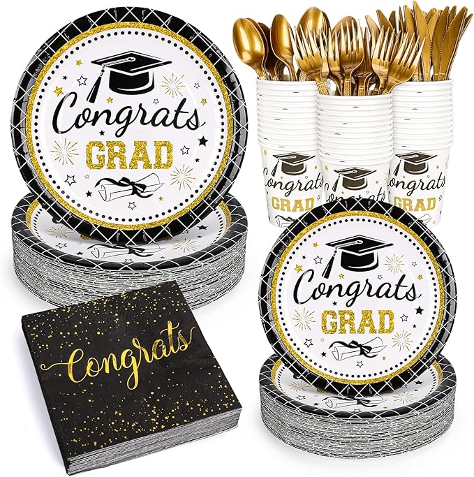 Whaline 175Pcs Graduation Party Supplies, Paper Plates and Napkins Set , 25 Guests Congrats Grad Disposable Tableware Set Include Paper Plate Napkin Cup Knife Fork Spoon for Grad Table Decor