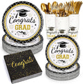 Whaline 175Pcs Graduation Party Supplies, Paper Plates and Napkins Set , 25 Guests Congrats Grad Disposable Tableware Set Include Paper Plate Napkin Cup Knife Fork Spoon for Grad Table Decor