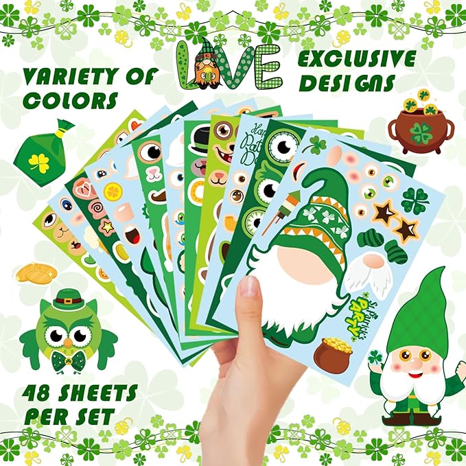 48 Sheets St. Patrick's Day Make a Face Stickers, Saint Patrick's Gnomes and Animals Crafts Stickers for Kids, Classroom Gifts and Party Favors Supplies