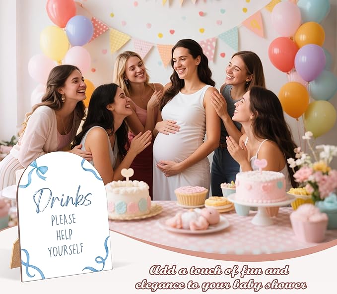 Blue Bow Drinks Please Help Yourself Sign for Baby Shower, 6x8 Inch Arch Wooden Sign with Stand, Blue Baby Shower Table Sign, Gender Neutral Party Decoration - QW10