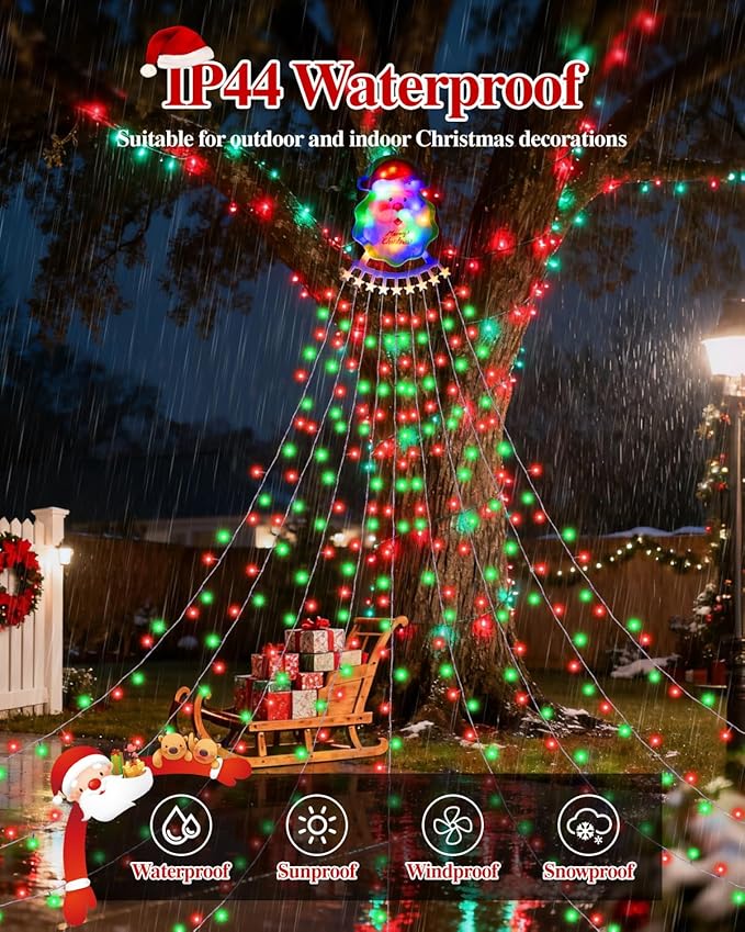 Christmas Waterfall Outdoor String Lights, Christmas Tree Lights with Topper 335 LED 11.48ft 9 Strands, 8 Lighting Modes Holiday New Year Decoration Lights for Wedding Yard Party Home Indoor Decor