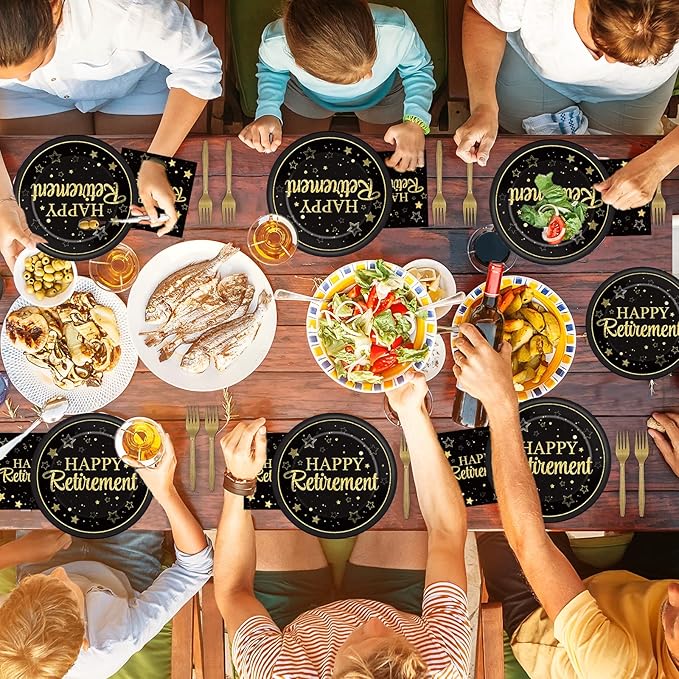 50 Guests Retirement Party Decorations Retirement Plates Napkins Set Happy Retirement Black and Golden Disposable Dinnerware Tableware Graduations Decorations Supplies Favors for Women Men, 200Pcs