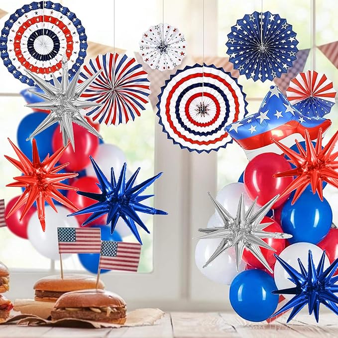 6PCS Star Balloons, 22Inch Huge Red Blue White Star Balloons Spike Cone Balloon for 4th of July Independence Day USA Patriotic Party Decorations