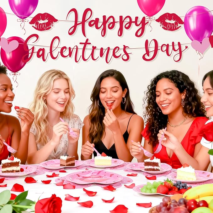 109PCS Happy Galentine's Day Party Supplies,Pink Love Heart Disposable Paper Plates Napkins Cups Forks Dinnerware for 24 Guest,Banner Balloons for Valentines Anniversary Wedding Engagement