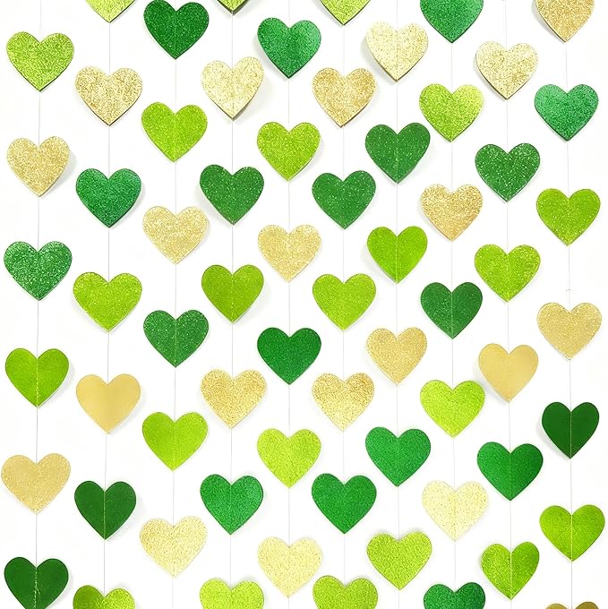 Gold and Green Heart Party Decorations Glitter Paper Love Heart Hanging Banner Streamer Garland for Birthday Wedding Valentines Day Spring Master Golf St Patrick's Day Christmas Holiday Party Supplies