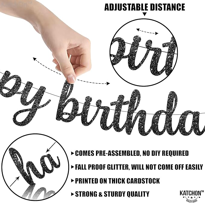 KatchOn, Glitter Cursive Black Happy Birthday Banner - Pre-Strung, 10 Feet | Happy Birthday Sign | Birthday Decorations for Women, Men, Boys and Girls | Birthday Party Decorations