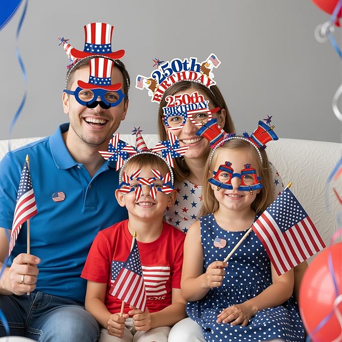 Pajean 32 Pcs 250th Anniversary USA Party Supplies Include 16 Paper Eyeglasses 16 Headbands 4th of July Patriotic Photo Booth Props for Independence Day Memorial Day Patriotic Party Favors Decors