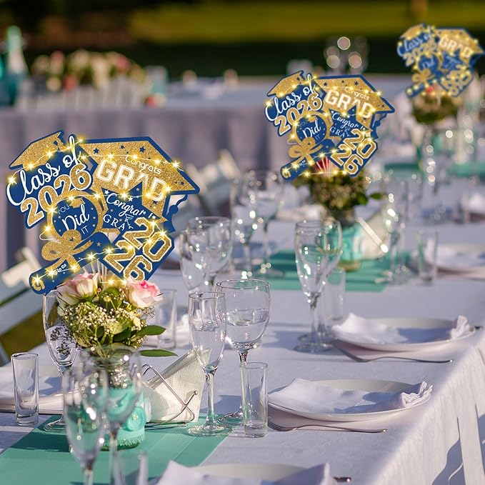 OuMuaMua Graduation Decorations Class of 2026-30pcs Blue and Gold Graduation Table Centerpieces Sticks Table Toppers with Lights for College High School Congrats Grad Party Supplies