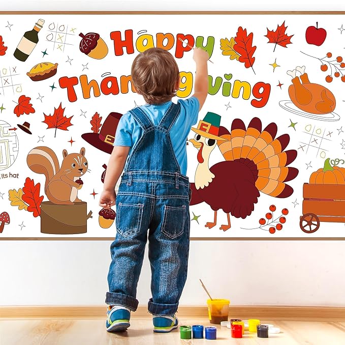 Childom 1 Pack Thanksgiving Coloring Tablecloth for Kids,Thanksgiving Crafts for Kids,30 x 72 Inch Disposable Paper Table Cover,Giant Coloring Poster for Children Gifts Games Activities Holiday Party