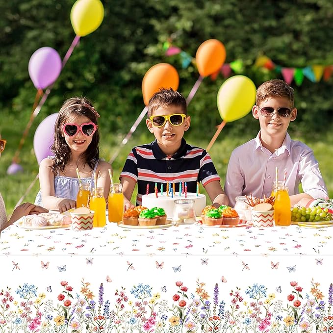 2 Pcs Wildflower Tablecloth Spring Summer Floral Table Cover for Butterfly Wildflowers Theme Picnic Dining Holiday Weeding Baby Shower Birthday Tea Party Table Supplies Decorations