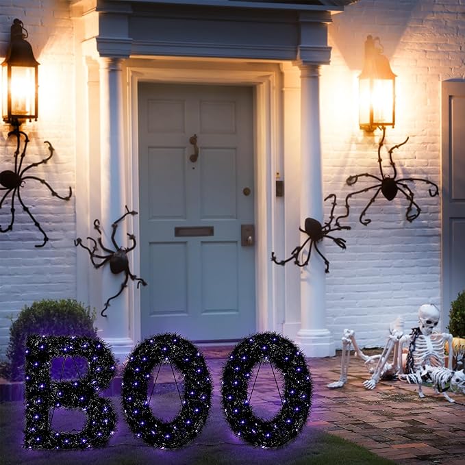 ATDAWN 3 Piece Outdoor Boo Sign Halloween Decoration, Lighted Boo Yard Display Set, Boo Yard Sign for Halloween Indoor Lawn Decor, Black & Purple