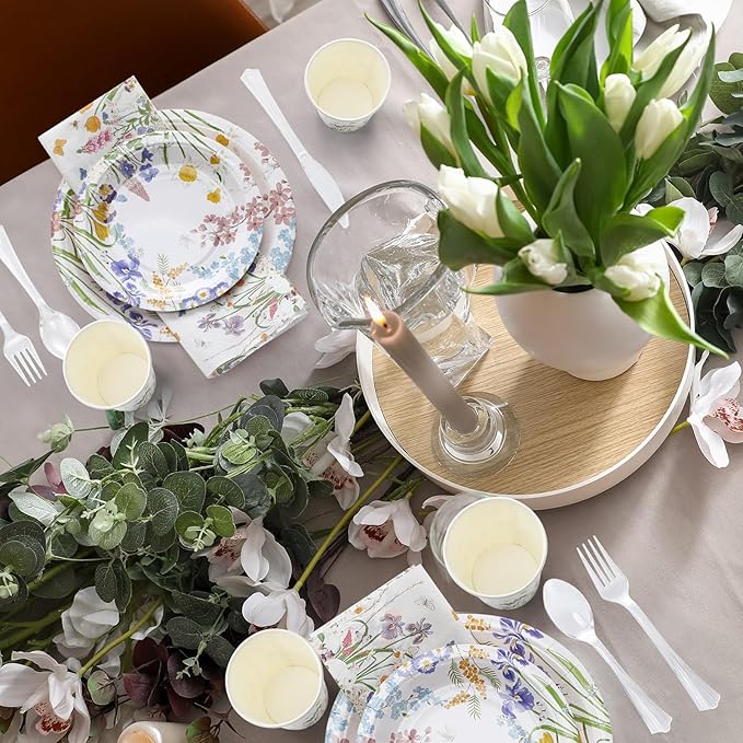 350 Pcs Easter Spring Floral Party Decoration Paper Plates Disposable Tableware Napkins Cups Knives Forks Spoons for 50 Guests Floral Baby Shower Party Tableware for Birthday
