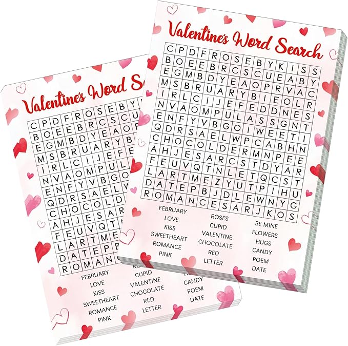 30 Players Valentine's Party Games for Adults Family Office Large Groups, Valentine Parties Word Search Game Card with Answer Key, Valentines Day Classroom Activities Party Favor (Valentines Search)