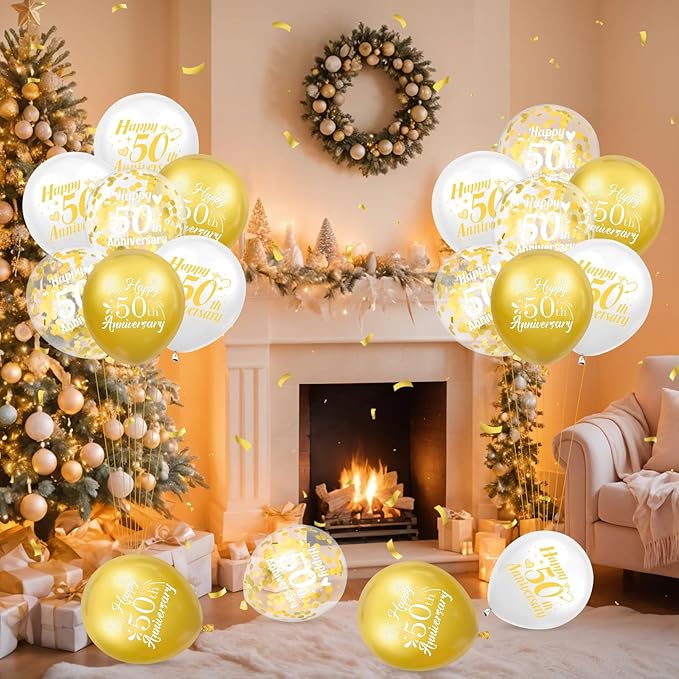 50th Anniversary Balloons 18Pcs White Gold 50th Anniversary Party Decorations for Women Men White Gold 12Inch Happy 50th Anniversary Latex Confetti Balloons for Indoor Outdoor Party Supplies