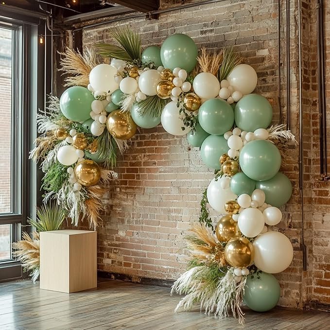 PartyWoo Sage Green Balloon Arch Kit Garland 152pcs Different Sizes of 18 12 10 5 Inch Olive Dusty Green White Gold Confetti Boho Balloons for Baby Shower Graduation Birthday Jungle Party Decorations