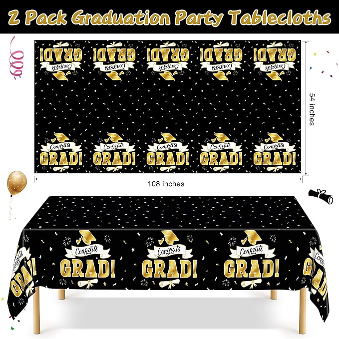 2Pack Graduation Decorations 2026, 108" X 54" Graduation Tablecloth, Blackgold Rectangle Class of 2026 Table Cloths, Disposable Plastic Congrats Grad Tablecover for Grad Party Favors Supplies