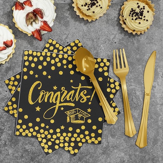 Ecomore 2026 Graduation Decorations - 245 PCS Grad Disposable Dinnerware(Serve 25) & Graduation Party Supplies With Congrats Paper Plate Cup Napkin Cutlery Tablecloth Backdrop Balloon Kit - Black Gold