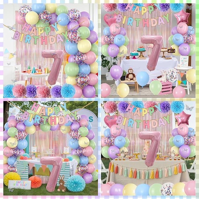 Pastel 7th Birthday Party Decorations for Girls Number 7 Balloon Happy Birthday Banner Butterfly Stickers Fringe Curtain Paper Pom Poms Macaron Pink Star Heart Foil Colorful Balloons 7 Year Old Decor