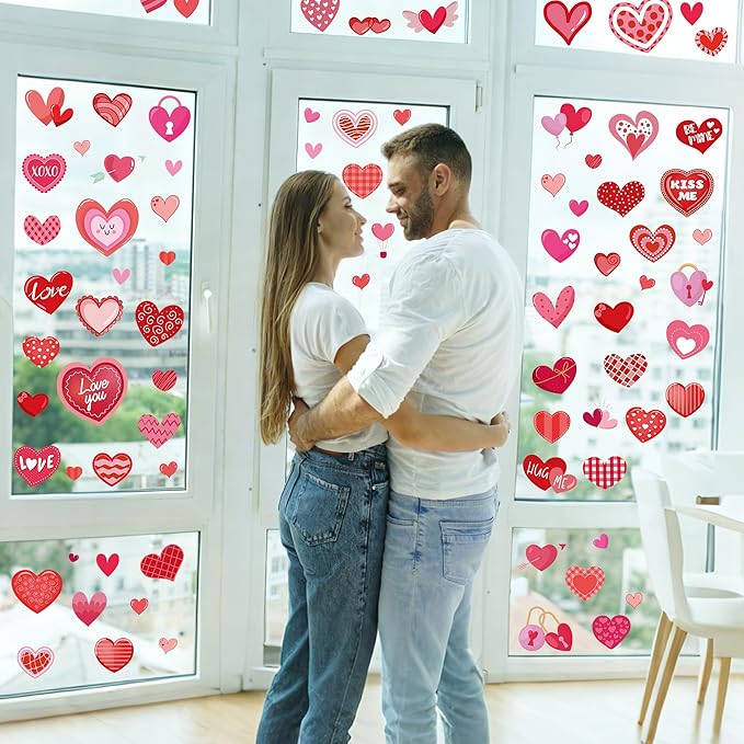 80PCS Valentines Window Clings, 4 Sheets Valentines Home Decor, 13.7 × 9.8 Inches Heart Window Clings Double-Sided Heart Stickers for Classroom, Wedding Romantic Decorations