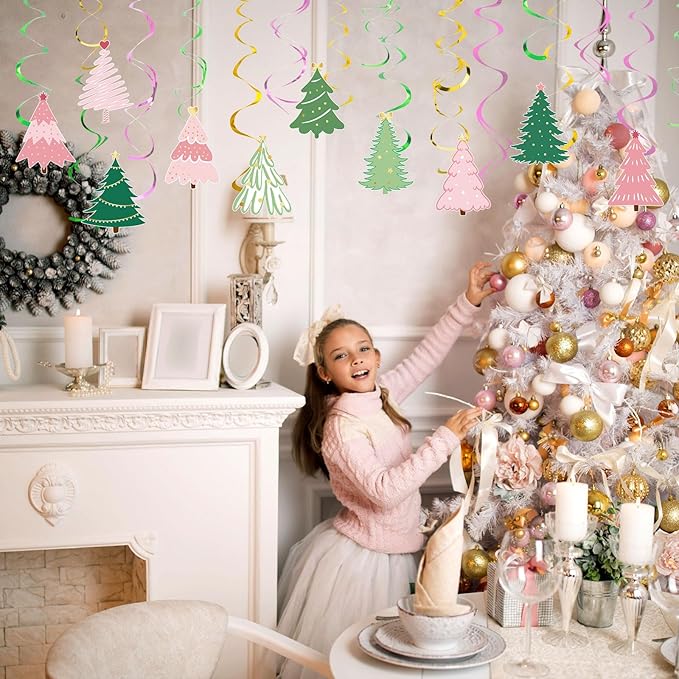Colarr 50 Pack Pink Green Christmas Hanging Swirls Decorations Christmas Tree Foil Ceiling Swirls Spiral Streamers Ornaments for Classroom Office Home Xmas Holiday Winter Party Supplies