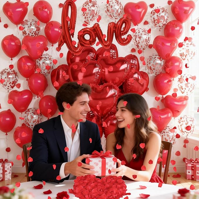 Red Heart Balloons Love Balloon Valentines Day Balloons Decorations Red Heart Shaped Confetti Latex Balloon with Rose Petals for Romantic Valentine Bridal Shower Wedding Special Night Party Decoration