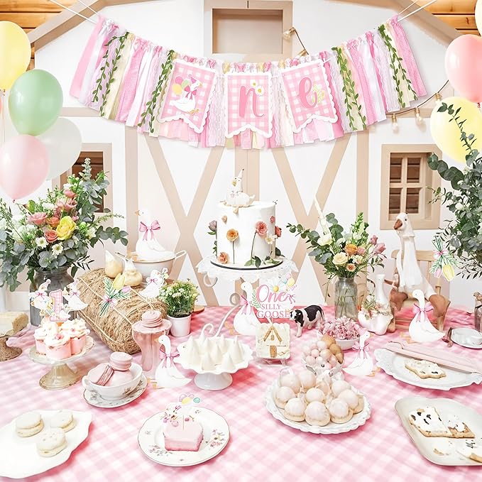 One Silly Goose High Chair Banner One High Chair Banner Girl Photo Backdrop First Birthday Decorations for Girl Wall Hanging Decorations for Kids Bedroom