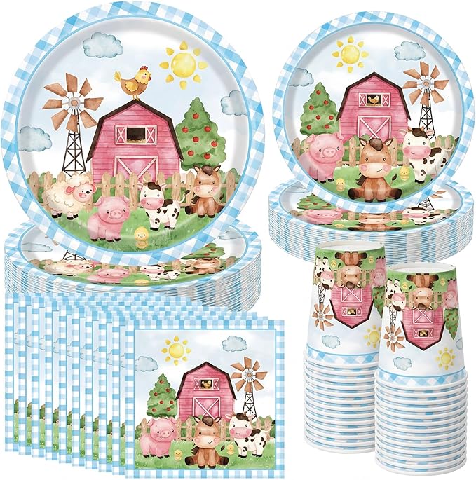 Pickmesh 250 Pcs Farm Animals Party Supplies Decorations Serve 50 Blue Farm Birthday Barn Animal Theme Disposable Paper Plates Napkins and Cups Dinnerware Cute Animal Baby Shower Party Decorations