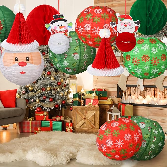 24 Pcs Christmas Hanging Paper Lanterns Party Decorations Red and Green Christmas Lanterns Garland Set Honeycomb Santa Hat 3D Snowman Reindeer Holiday Xmas Ornaments Home Winter Party Decor