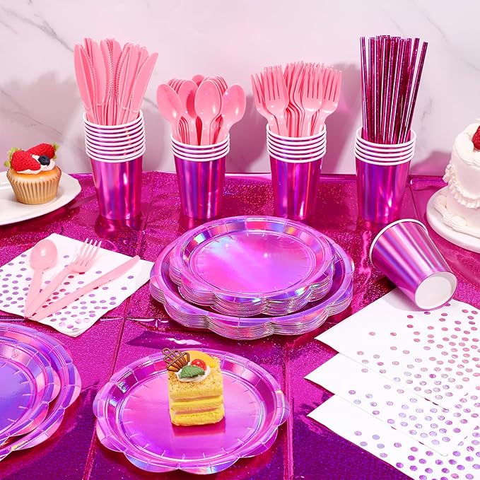 200 Pcs Pink Plates and Napkins Party Supplies, 25 Guest Scalloped Iridescent Pink Plates Napkins Cups Set Holographic Pink Party Decorations for Birthday, Mermaid, Disco Party