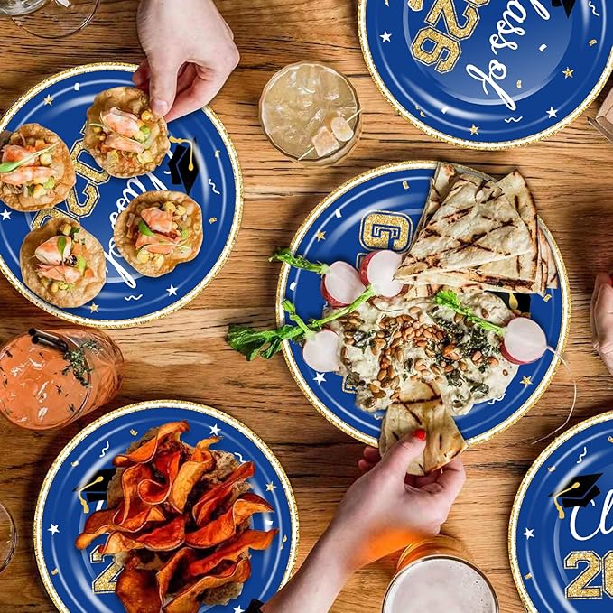 2026 Graduation Party Supplies Tableware Set - 200 Pcs Blue Gold Graduation Plates and Napkins Class of 2026 Disposable Dinnerware for College High School Congrats Grad Party Favors, Serve 50