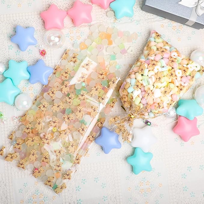 Docvania Clear Bear Cellophane Treat Bags Plastic Gift Bag 100 pcs 7 X 12 Clear Bear Cookie Bags with Ties Goodie Candy Bag Suitable for Mother's Day, Valentine's Day, and Holiday Parties