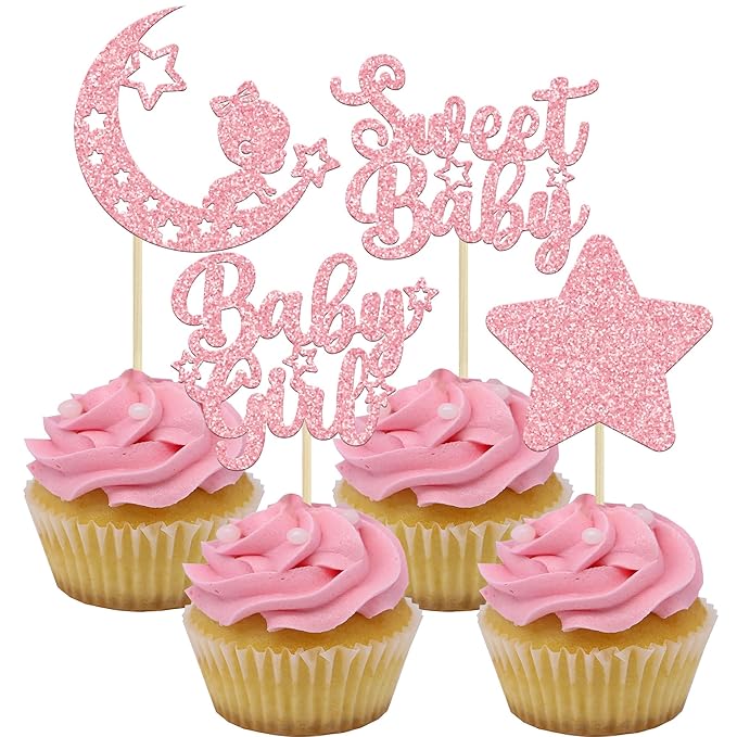 Gyufise 24Pcs Pink Glitter Baby Girl Cupcake Toppers Star Moon Sweet Baby Shower Cupcake Picks Baby Shower Girls Birthday Party Cake Decorations Supplies