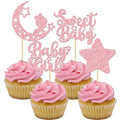 Gyufise 24Pcs Pink Glitter Baby Girl Cupcake Toppers Star Moon Sweet Baby Shower Cupcake Picks Baby Shower Girls Birthday Party Cake Decorations Supplies