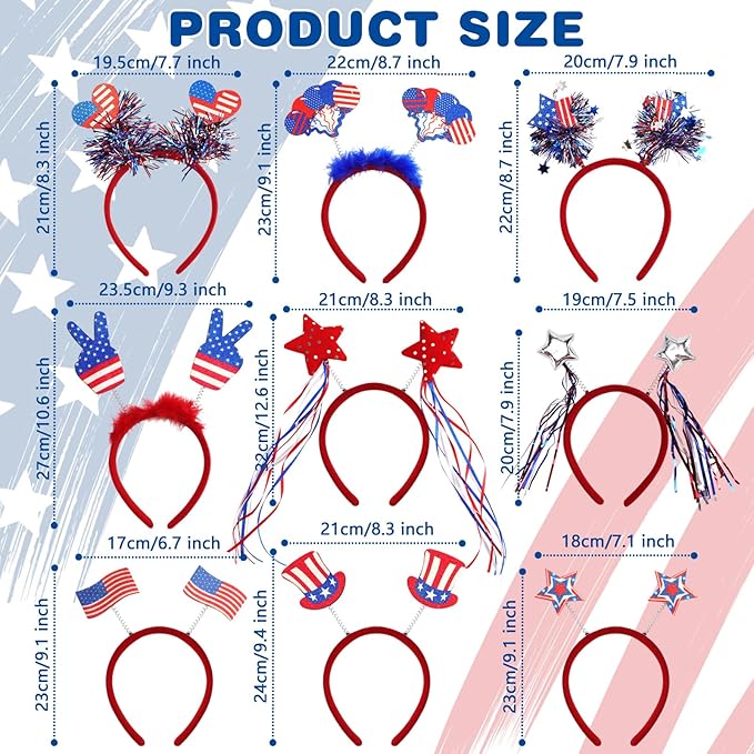 9PCS 4th of July Decorations Patriotic Head Boppers Headband, Independence Day Red White Blue Party Favors Accessories