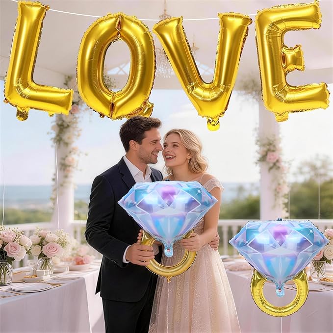 40inch Gold Love Balloons with 2pcs Diamond Ring Foil Balloons, Large Love Letters Engagement Ring Mylar Balloons for Valentines Day Wedding Bridal Shower Anniversary Proposal Marriage Decorations