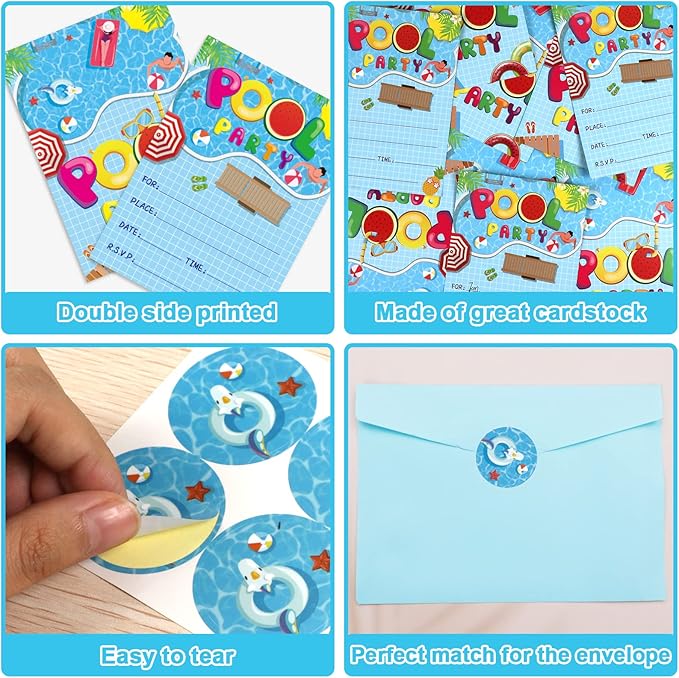 chiazllta Pool Birthday Party Invitations Boys Girls Summer Pool Invitation Cards Set for 30 Guests,Swimming Invitations Supplies with Sticker Labels Envelopes Birthday Decorations