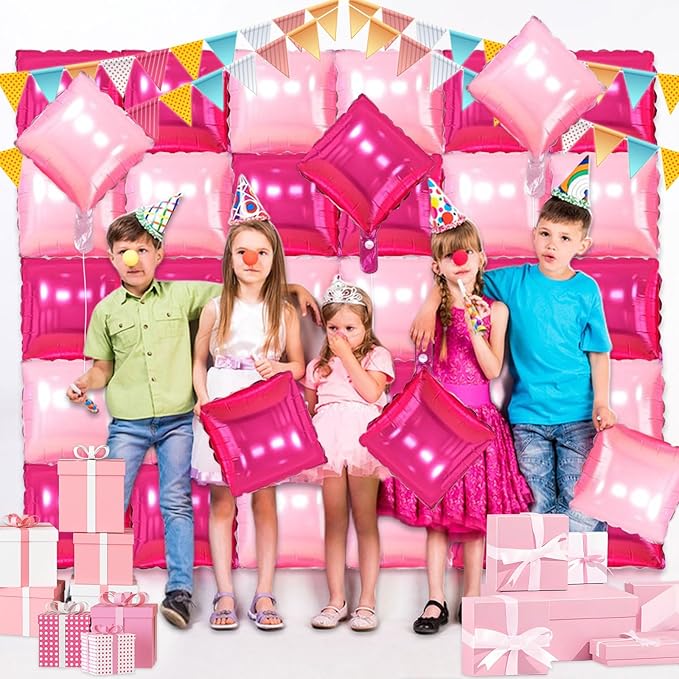 36 Pcs Hot Pink Double Sided Square Foil Balloon Wall Backdrop Metallic Pink Balloons Backdrop Tunnel Arch Kit Mylar Square Balloons for Bachelorette Engagement Wedding Birthday Party Decorations
