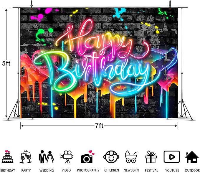 Imirell Neon Happy Birthday Backdrop 7Wx5H Feet Glow in The Dark Brick Wall Funny Graffiti Colorful Painting Splatter Polyester Fabric Modern Photography Backgrounds Photo Shoot Decor Props Decoration