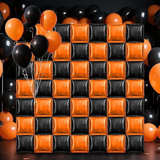 50 PCS Black and Orange Square Foil Balloons Wall Backdrop 19 inch Reusable Mylar Balloons Tunnel Garland Arch Kit for Halloween Party Basketball Retirement Birthday Graduation Decoration