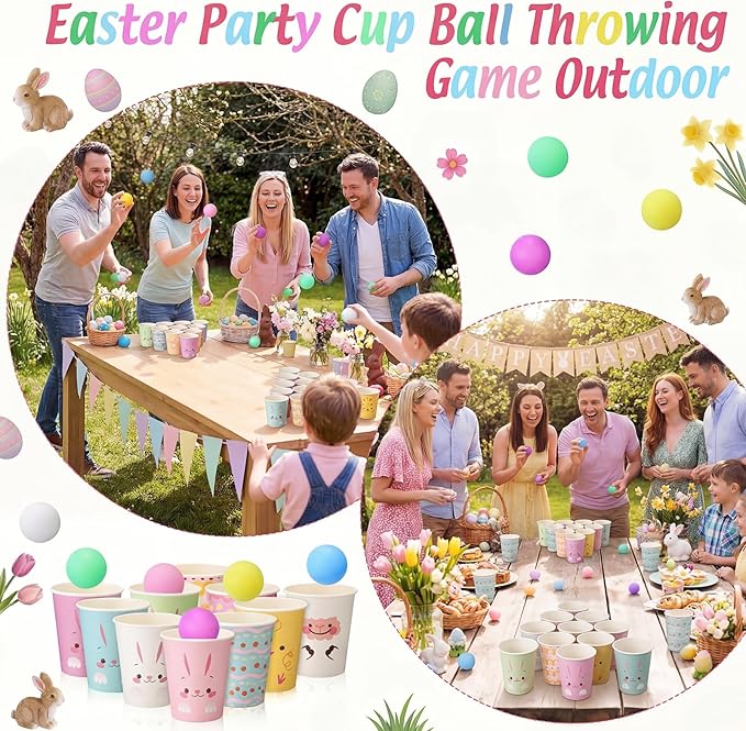 Easter Throwing Toss Game for Family 50 Bunny Paper Cups 24 Colorful Balls Easter Activities Spring Carnival Throwing Toss Game for Gatherings Outdoor Indoor Prize Party Supplies