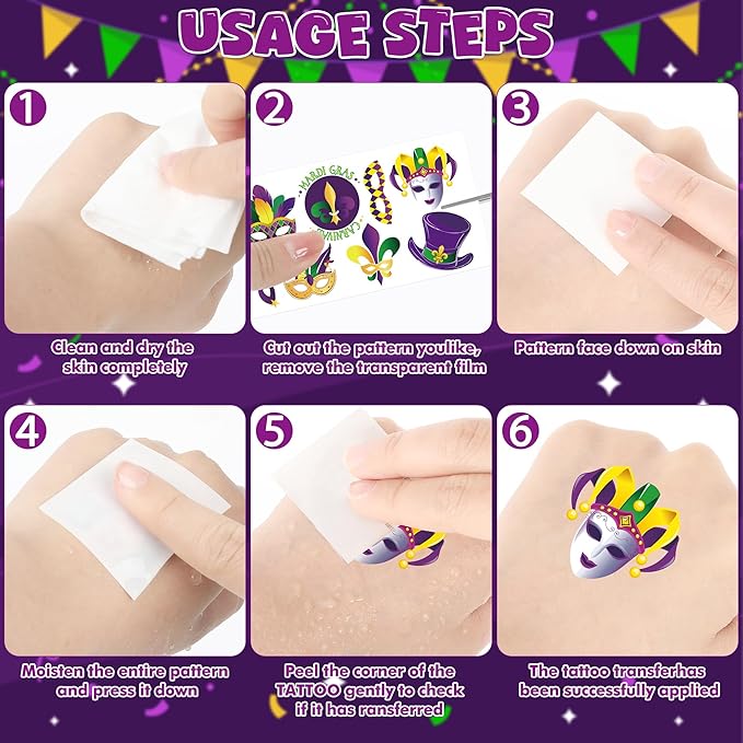 12 Sheets Mardi Gras Tattoos, Mardi Gras Stickers Accessories, New Orleans Carnival Party Favors Crown Mask Tattoos Stickers for Fat Tuesday Parades Masquerade Decorations