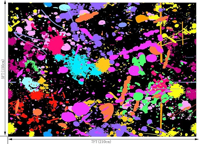 7X5FT Glow in The Dark Birthday Backdrop - Colorful Graffiti Splash Paint Party Background Slime Black Light Sleppover Party Decorations for Kids